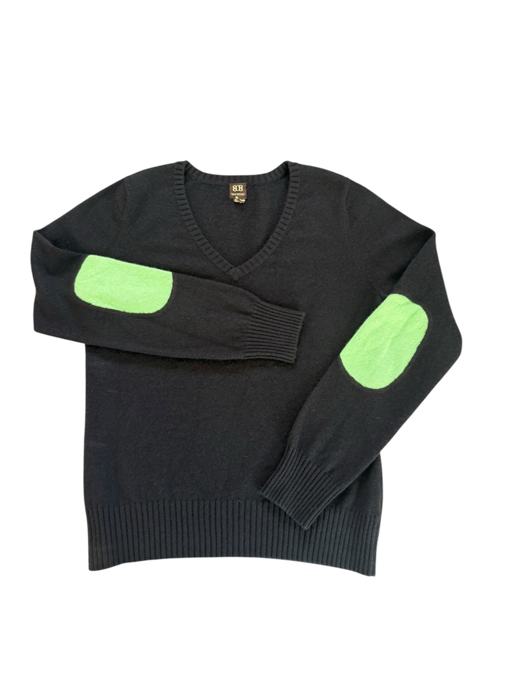 Boo Gemes Chocolate Brown Cashmere Sweater Green Elbow Patch V Neck Womens Large